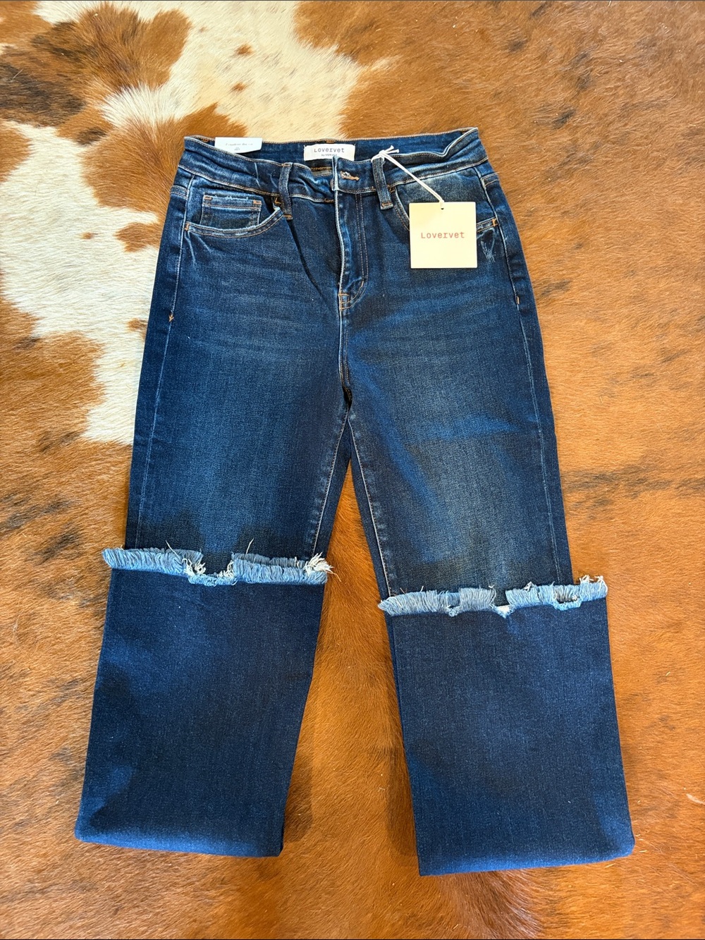 Lovevret Dark Indigo Wide-Leg Jeans with Frayed Hem
